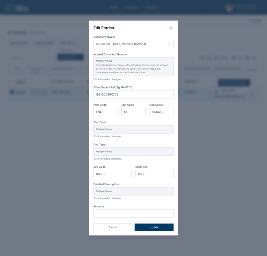 Bulk edit of document entries with mixed values across the selection