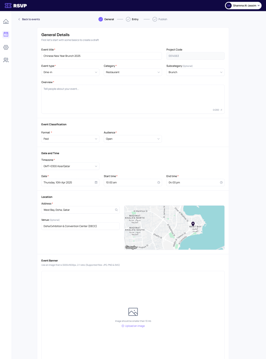 Create an event: type, classification, date, location