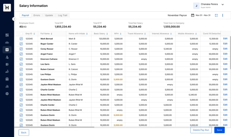 Salary information per payrun