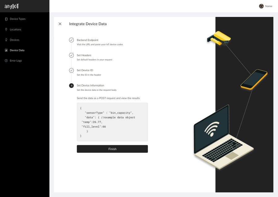 Connecting a device in four steps, ending in one POST request