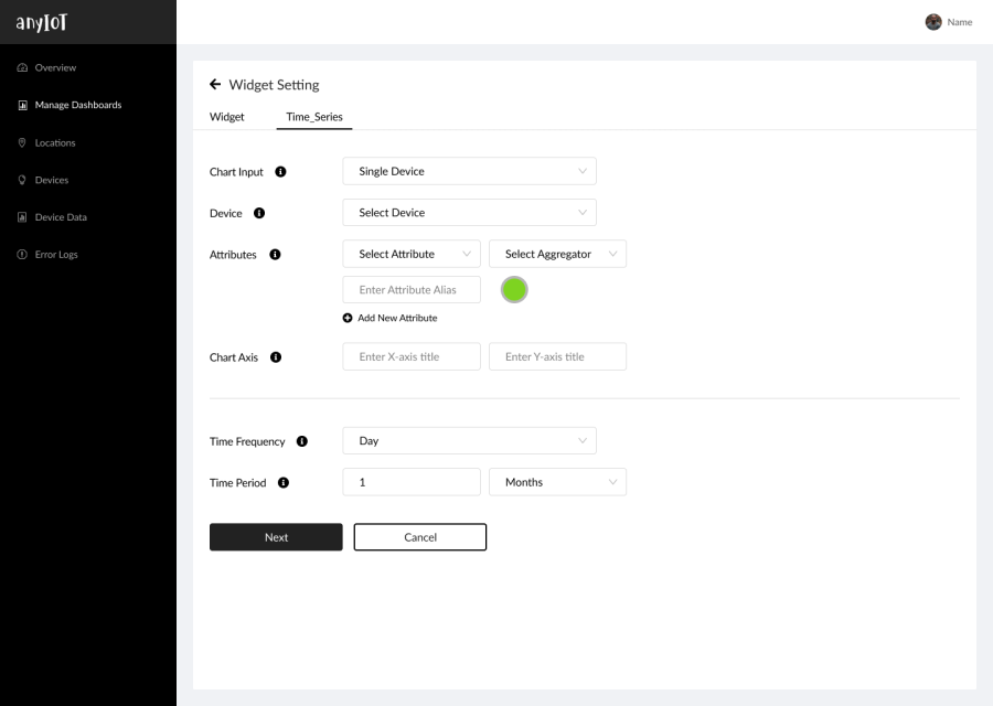 Widget settings: device, attributes, aggregation and time period