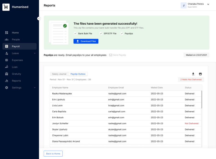 Bank file, EPF and ETF file and payslips generated, with delivery status per employee
