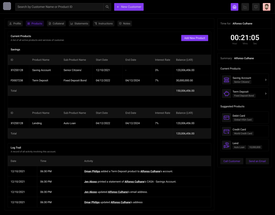 One customer: current products, suggested products and the log trail