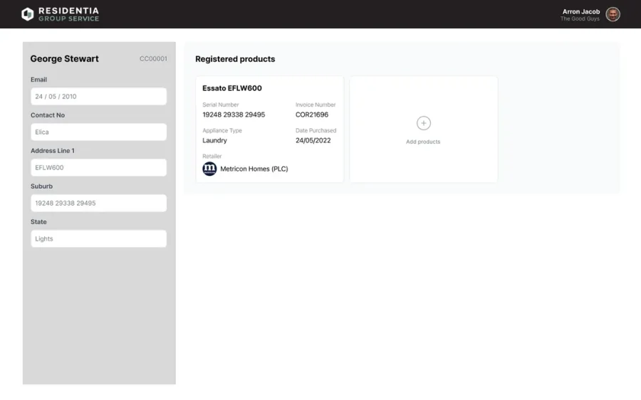 Retail partner view: customer profile and registered products
