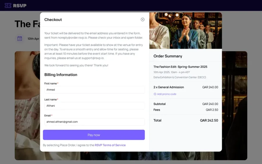 Public event page with checkout