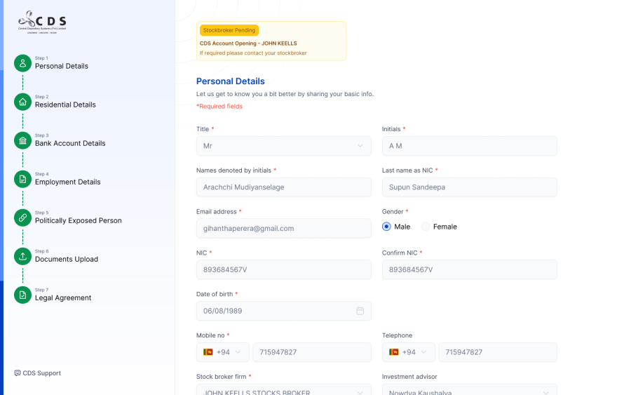 Application status tracker with a Stockbroker Pending banner